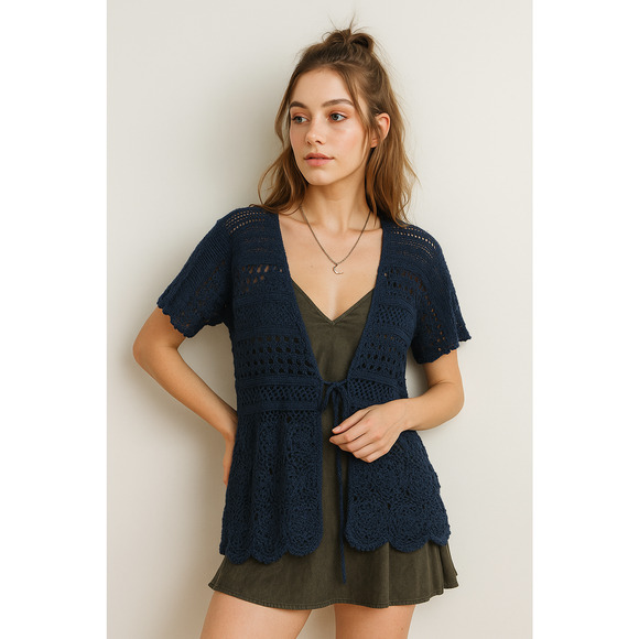 Liz Claiborne Womens Crochet Cardigan Medium Navy Phoebe Y2K Fairy Artsy Cottage - Picture 1 of 4